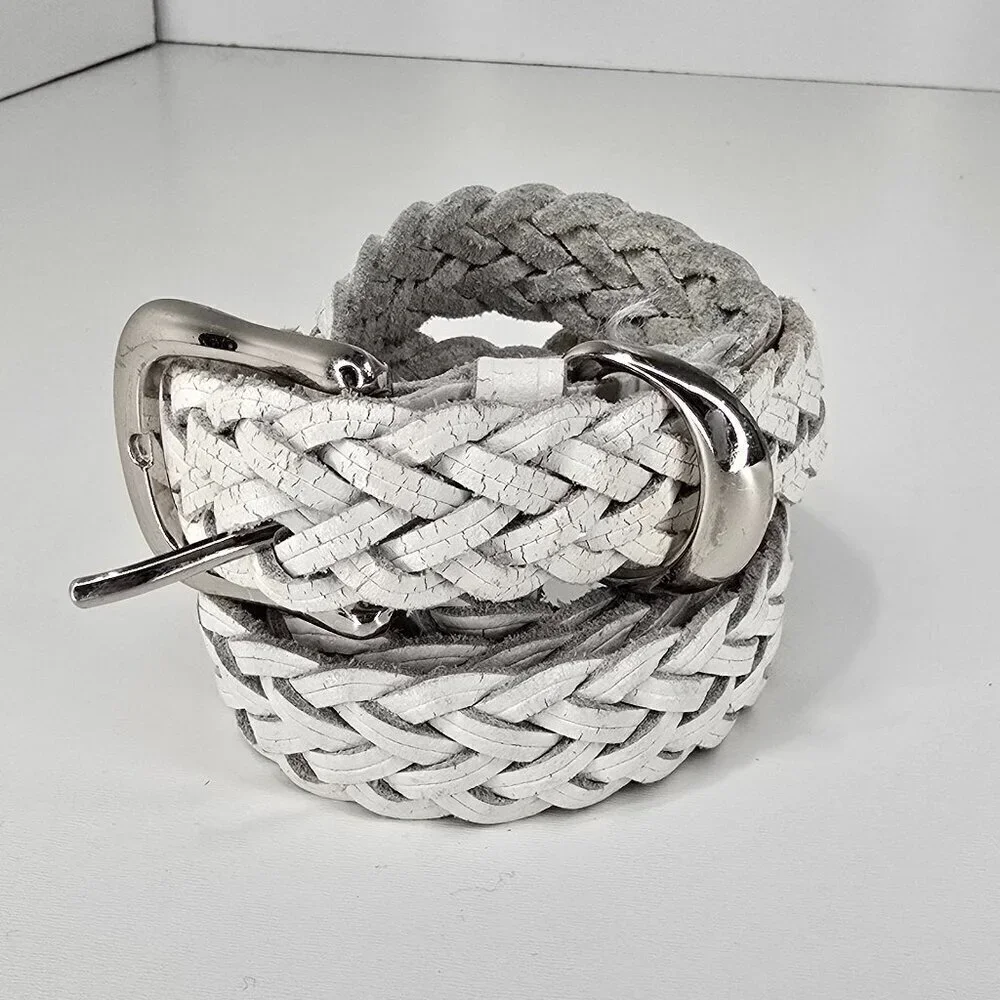 Women's White Distressed Cracked Leather Thin Skinny Woven  Boho Belt